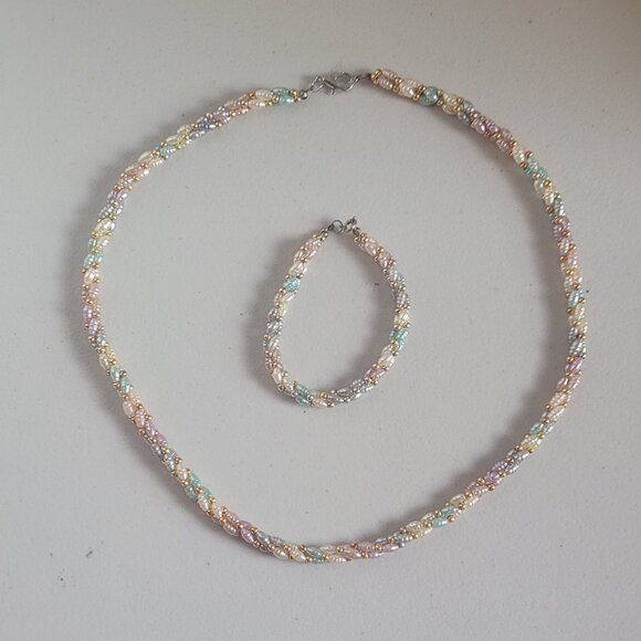 VTG Braided Necklace & Bracelet Set Pastels Textured Twisted Rice Beads Feminine - Picture 1 of 8